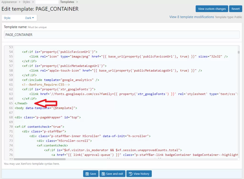 head close tag in xenforo
