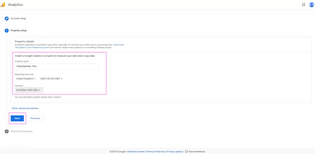 property setup in google analytics