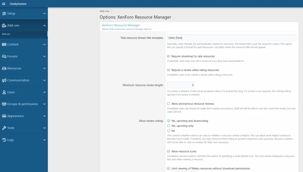 xenforo resource manager setting