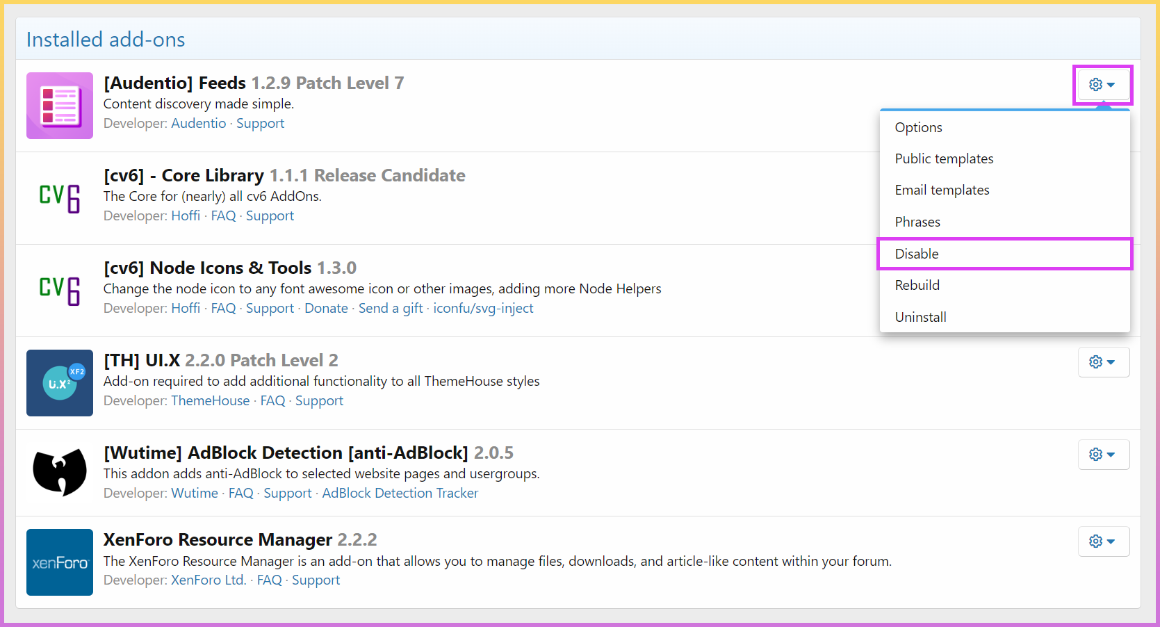 disable addons in xenforo