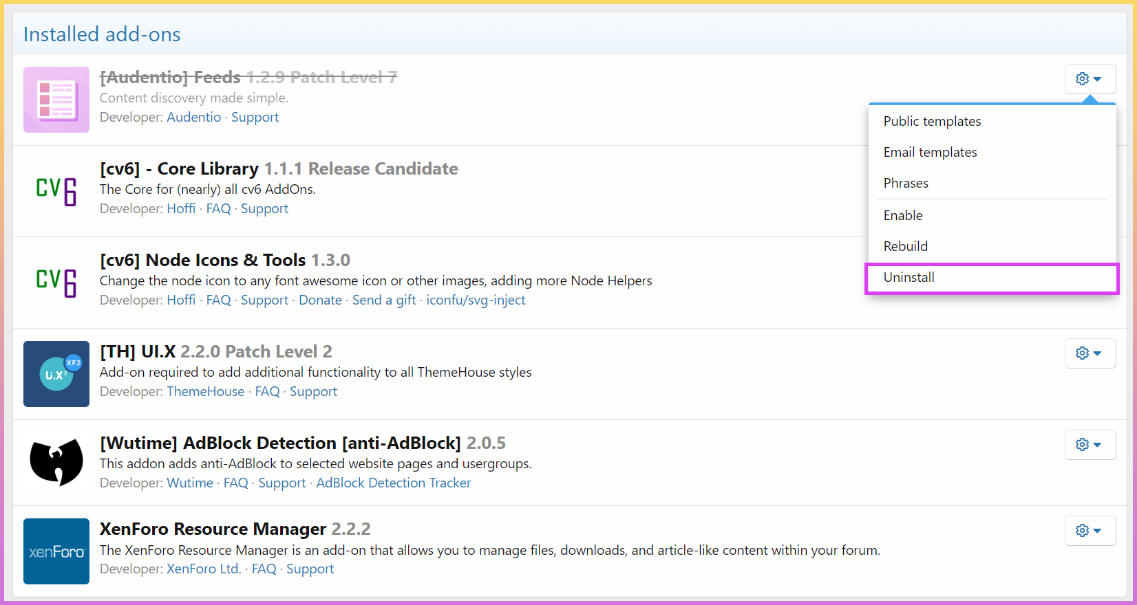 uninstall addons in xenforo